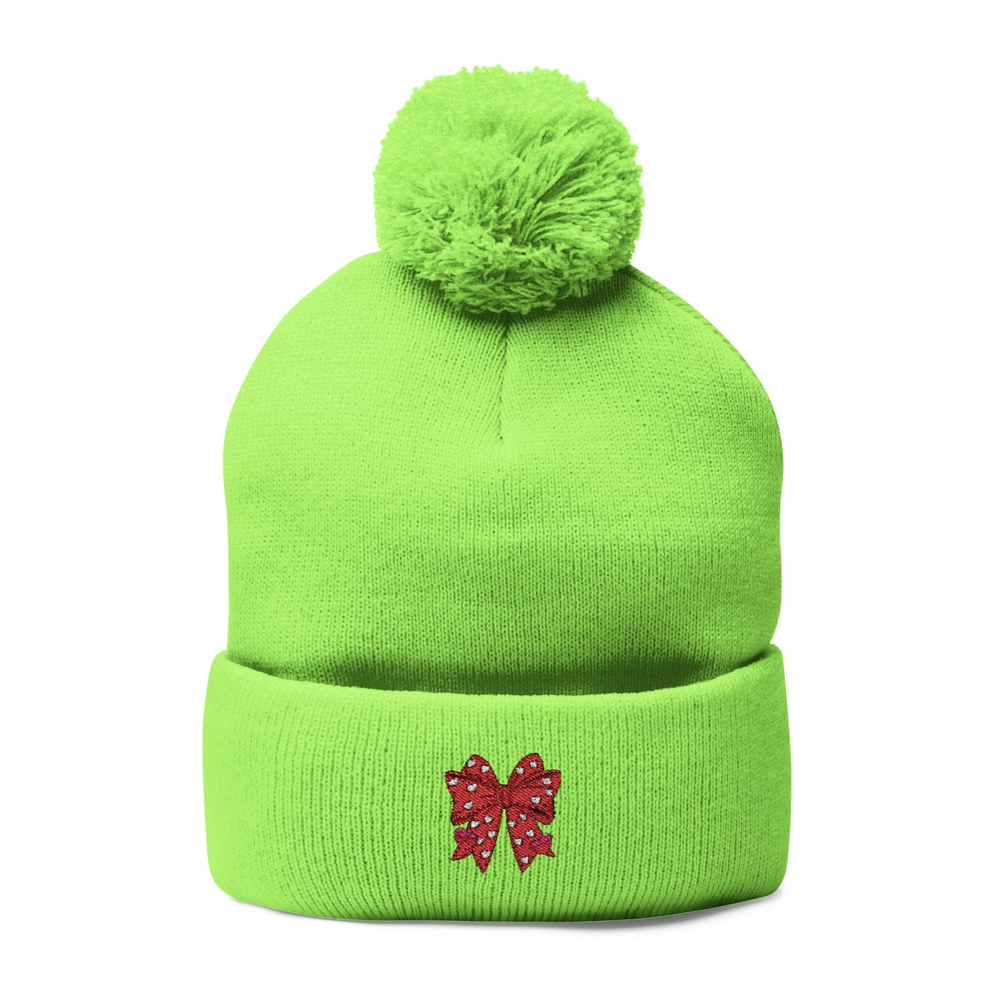 Cozy Pom-Pom Coquette Knit Cap with Embroidered Red Bow