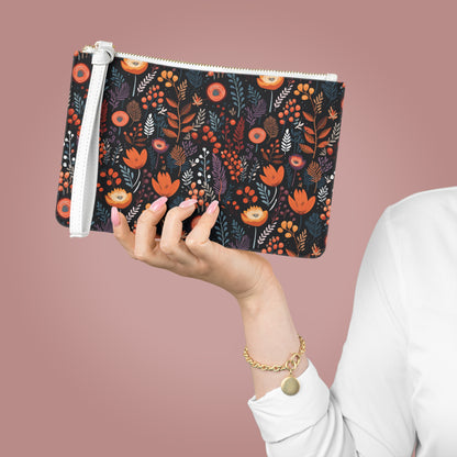 Autumn Bloom Clutch Bag - Vegan Leather Saffiano Pattern Fashionista On-the-Go Zip Fastening Wrist Strap.