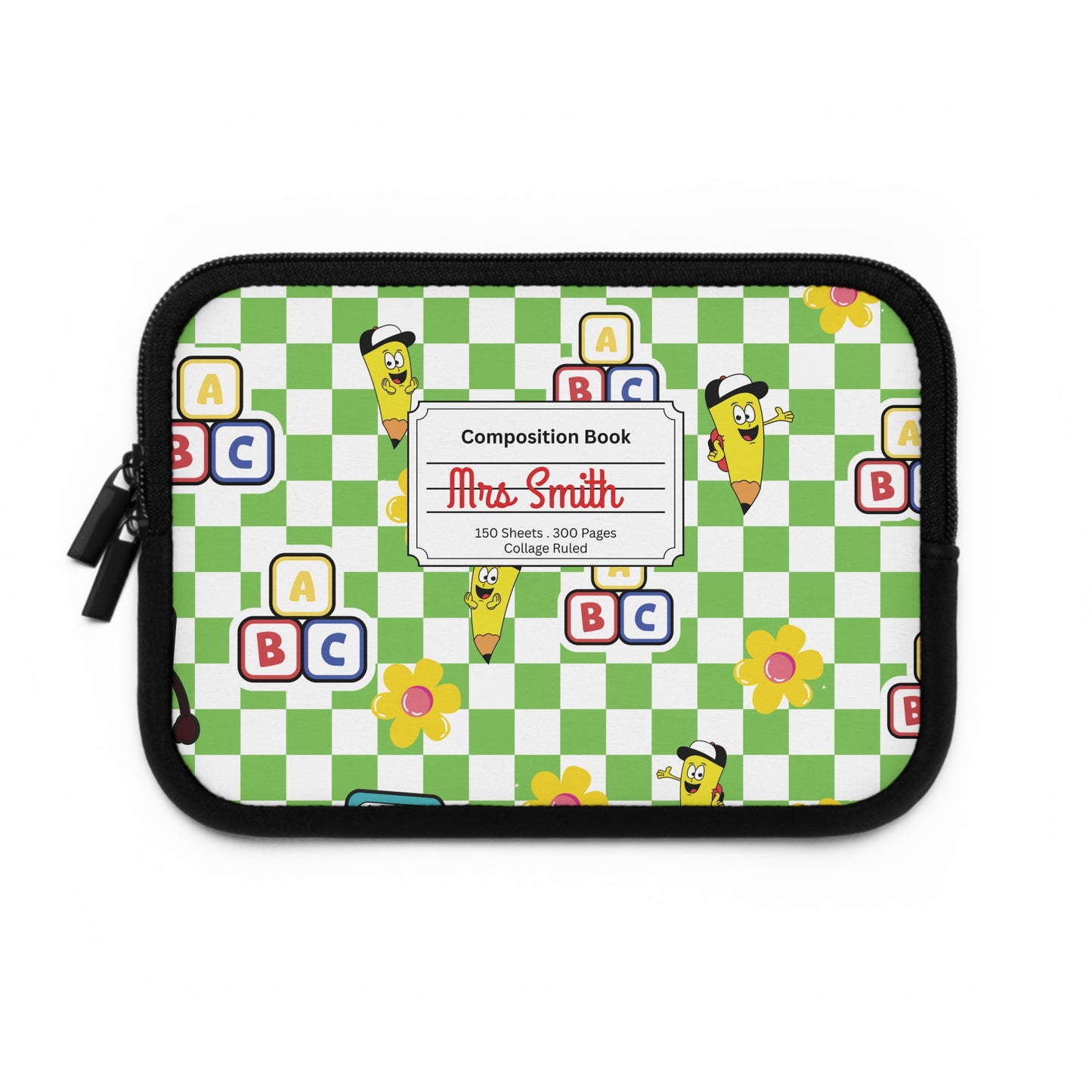 Personalized Green SchoolYard Chic Laptop Sleeve with Composition Book Inspired Design, Customizable Tech Case, School Supplies, Gift for Students, College Essentials, Back to School