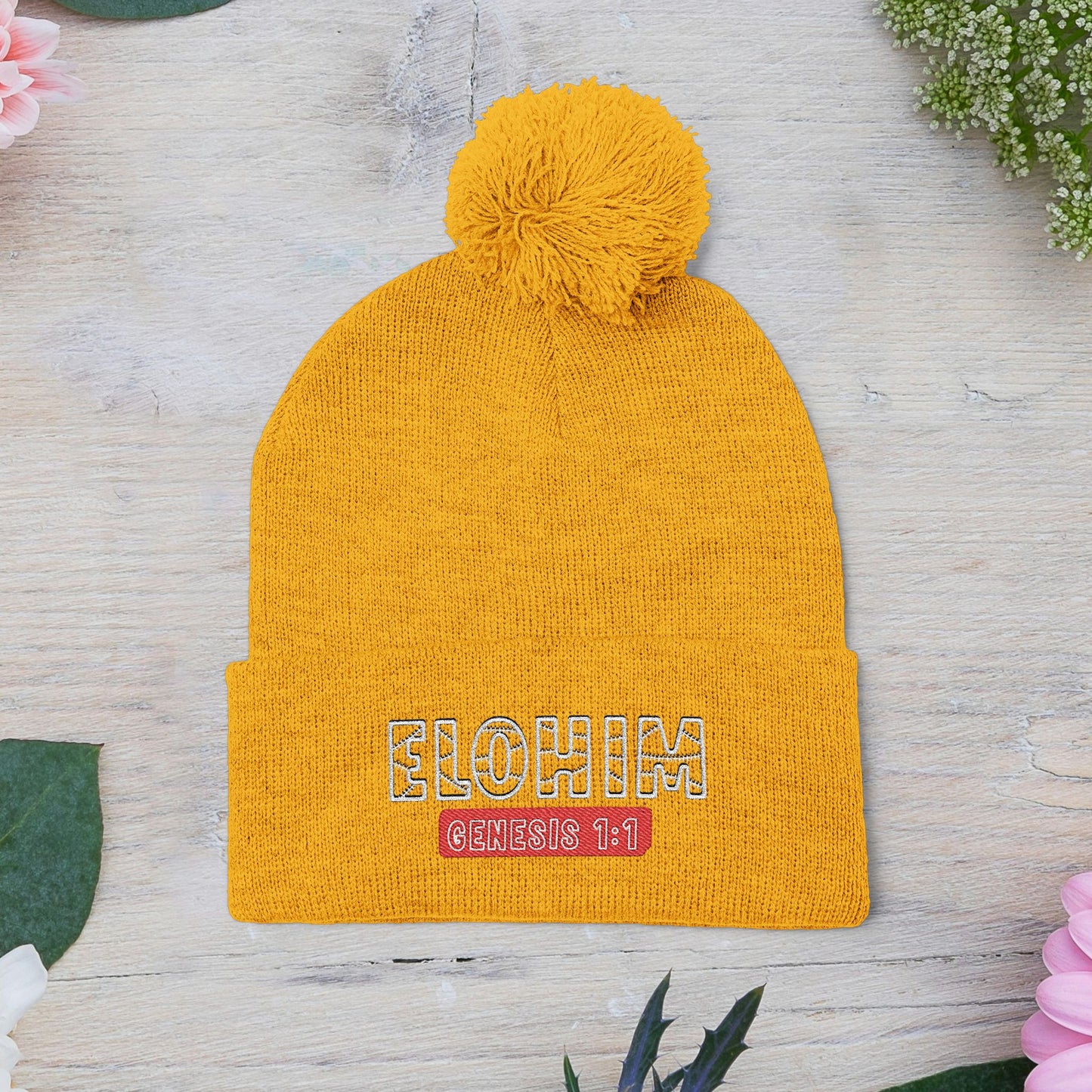 Cozy Pom-Pom Knit Cap with 'ELOHIM, GENESIS 1:1'  Embroidery Beanie - Stylish Winter Accessory for All Ages, Perfect Gift for Birthdays, Holidays, and Outdoor Activities
