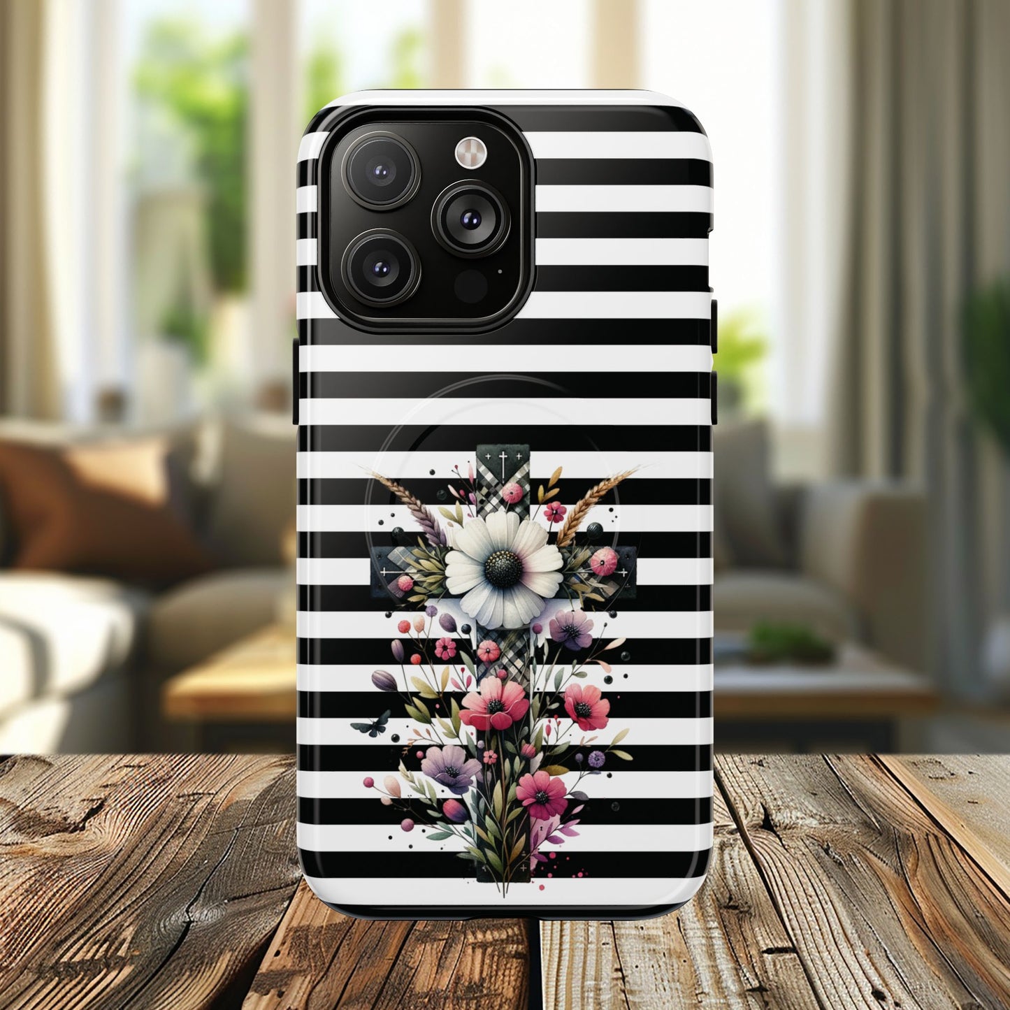 Faith in Bloom Tough iPhone Magnetic Case, iPhone Accessories, Floral iPhone Cover, Durable Cases for Gifts, Black and White Stripes