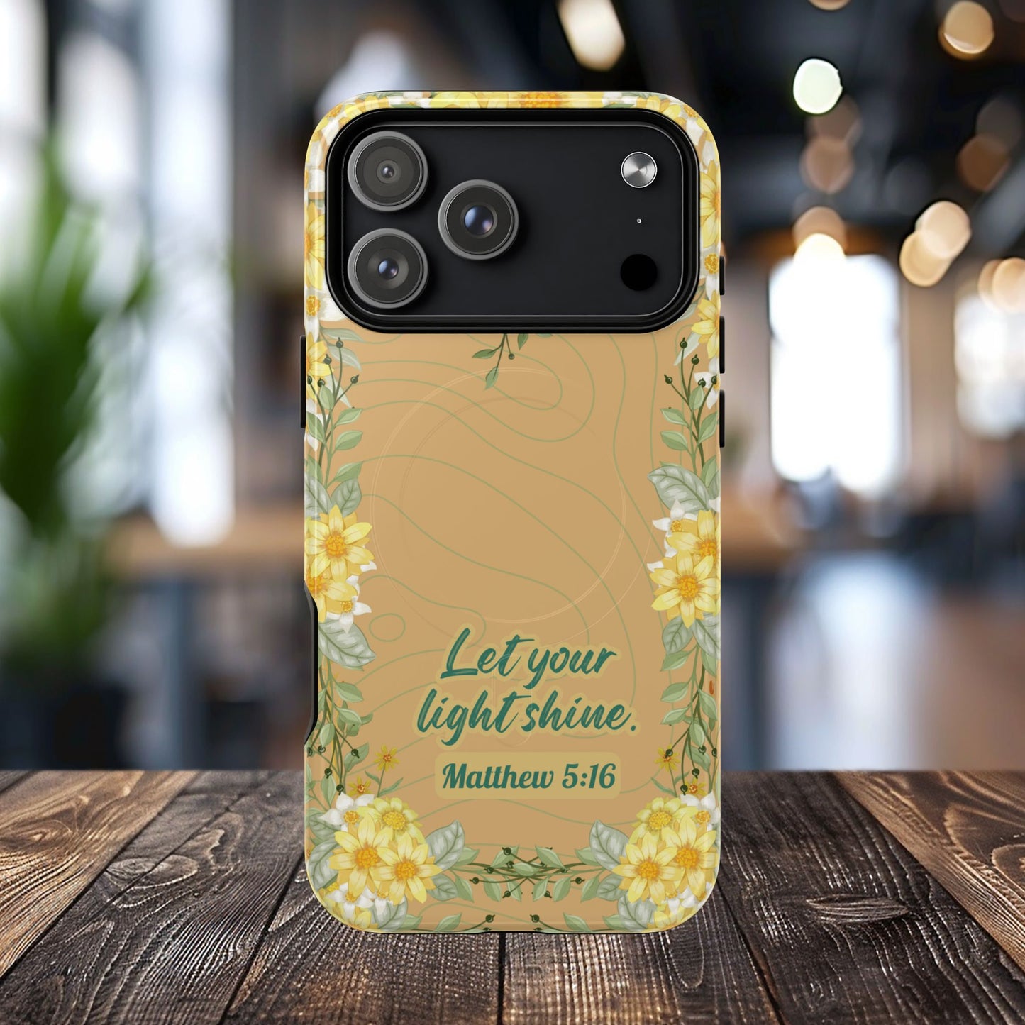 Let your Light Shine Matthew 5:16, Inspirational Gift, Tough iPhone Magnetic Case Scripture, Floral Bible Verse, MagSafe® iPhone® Tough Case, iPhone 14, iPhone 15, iPhone 16, Pro, Pro Max, Plus.