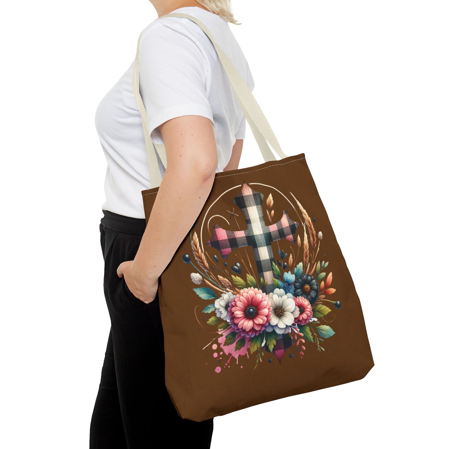 Faith and Floral Cross Heart Tote Bag