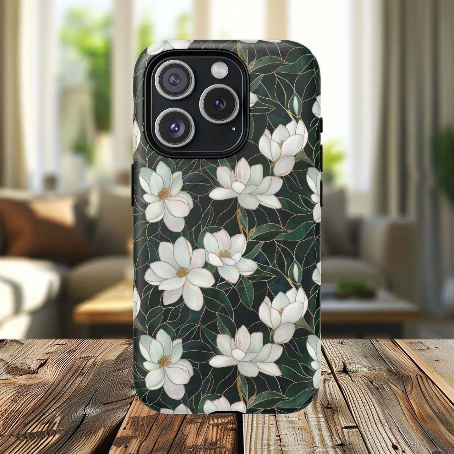 Midnight Magnolia Tough iPhone Magnetic Case, Stylish Stained Glass iPhone Protection, Nature Lover Gift, Spring Vibes