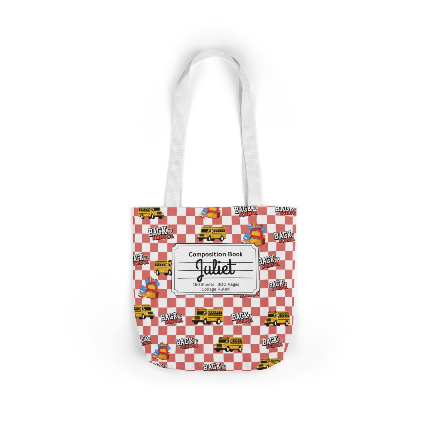 Personalized Red Schoolyard Chic Composition Book Inspired Canvas Tote Bag with Colorful Straps, Cute School Bag, Eco-Friendly Tote, Back to School Shopping Bag, Teacher Gift Idea