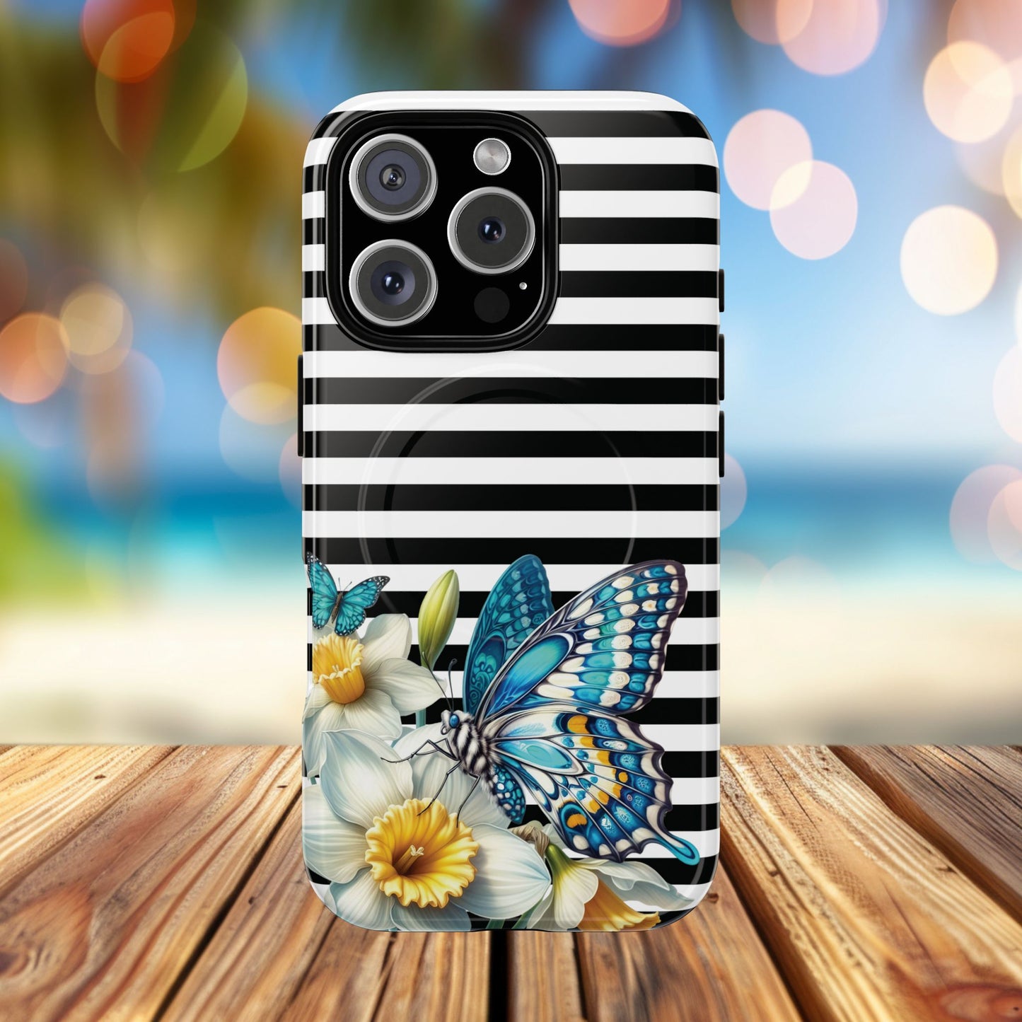Daffodil Flutter Tough iPhone Magnetic Case, Floral iPhone Accessories, Stylish iPhone Cover, Black Striped Design, Gift for Her, Trendy iPhone