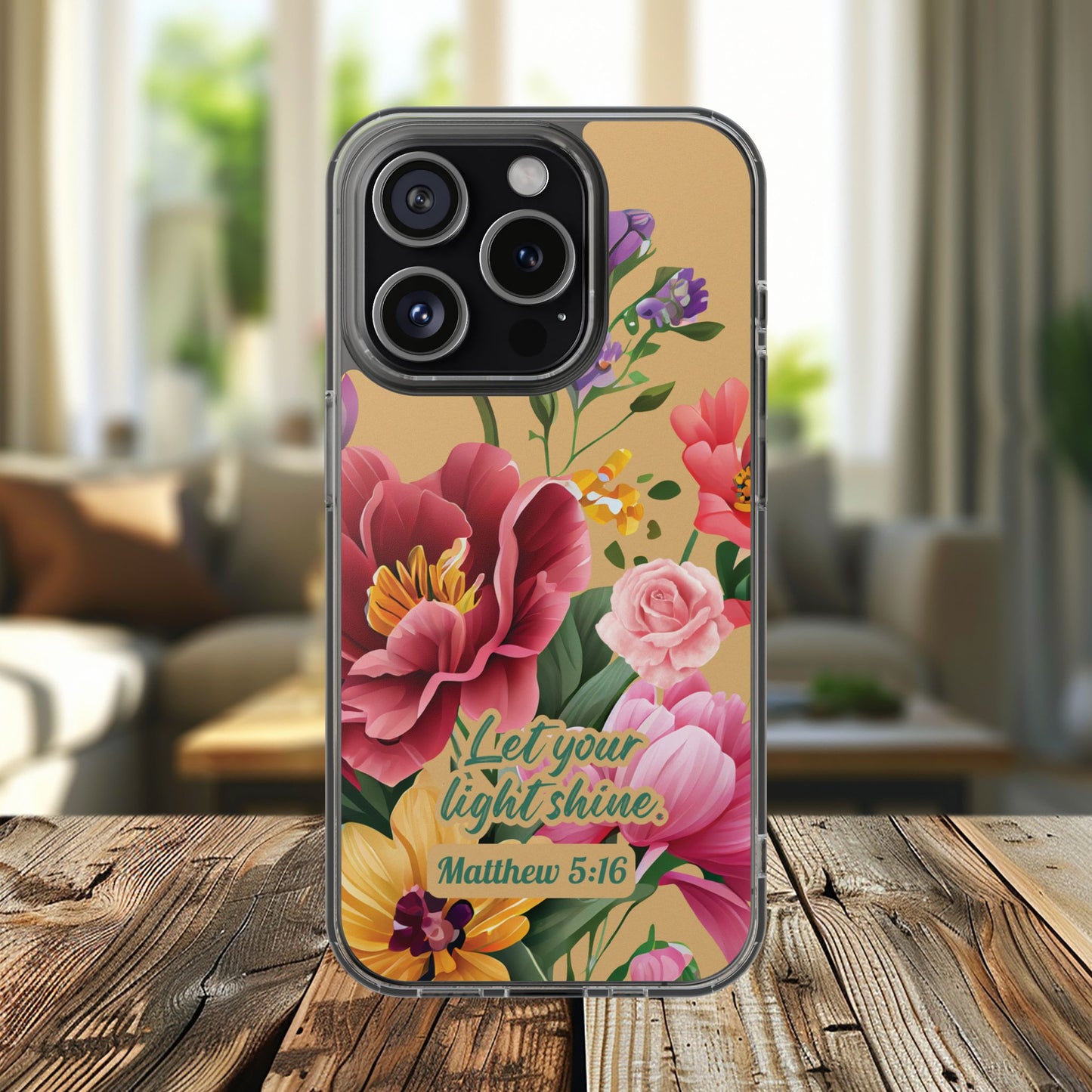 Clear Floral Bible Verse Phone Case — "Let Your Light Shine" (Matthew 5:16) for iPhone and Samsung Cases.