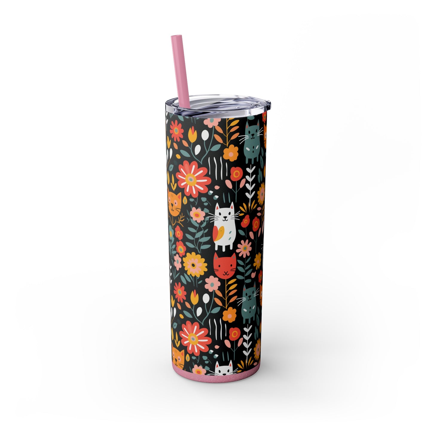 Whimsical Feline Garden Skinny Tumbler with Straw, 20oz