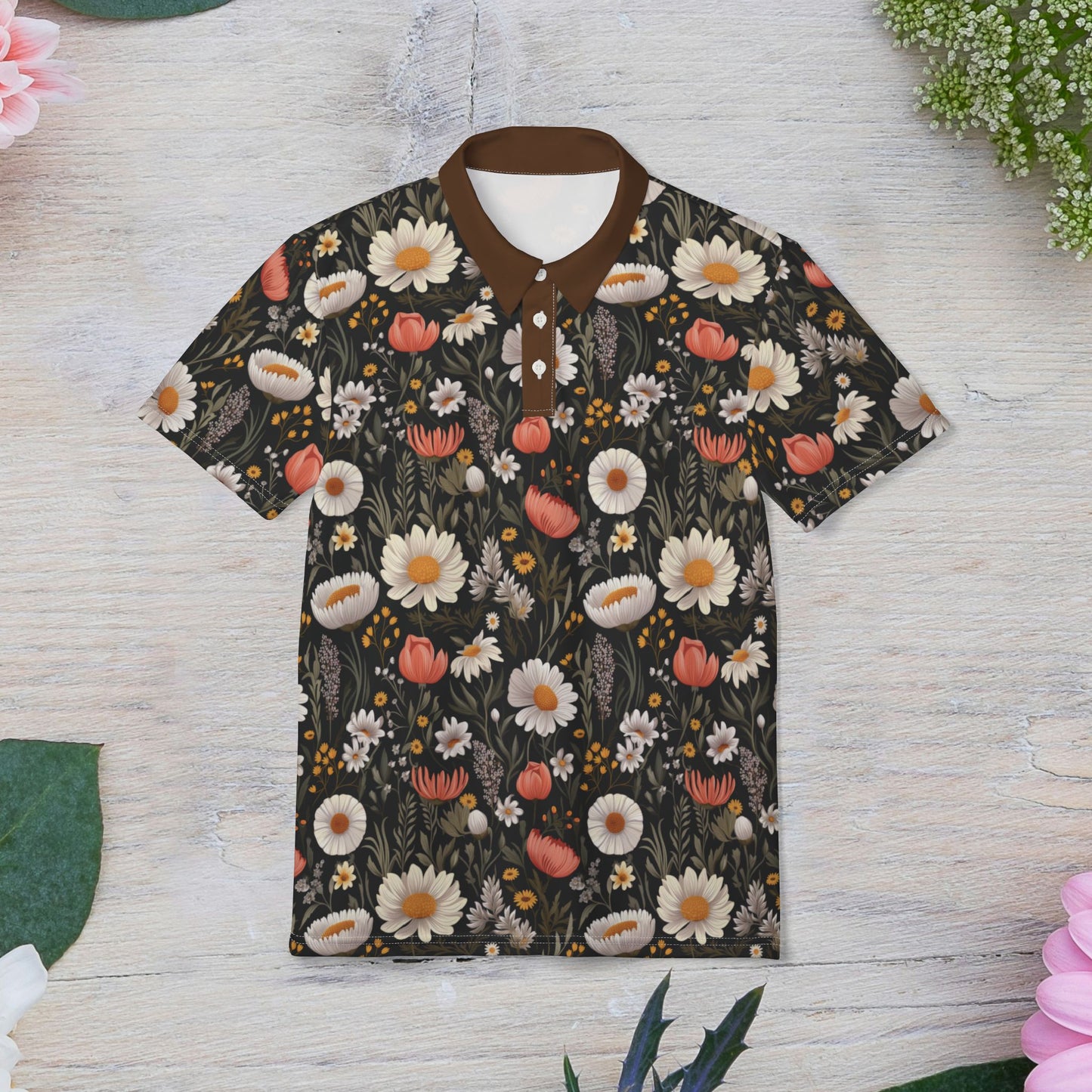 Blossom Elegance: Noir Garden Unisex Polo Shirt, Summer Fashion, Casual Wear, Seasonal Style, Unique Clothing Gift, Gift for Her and Gift for Him