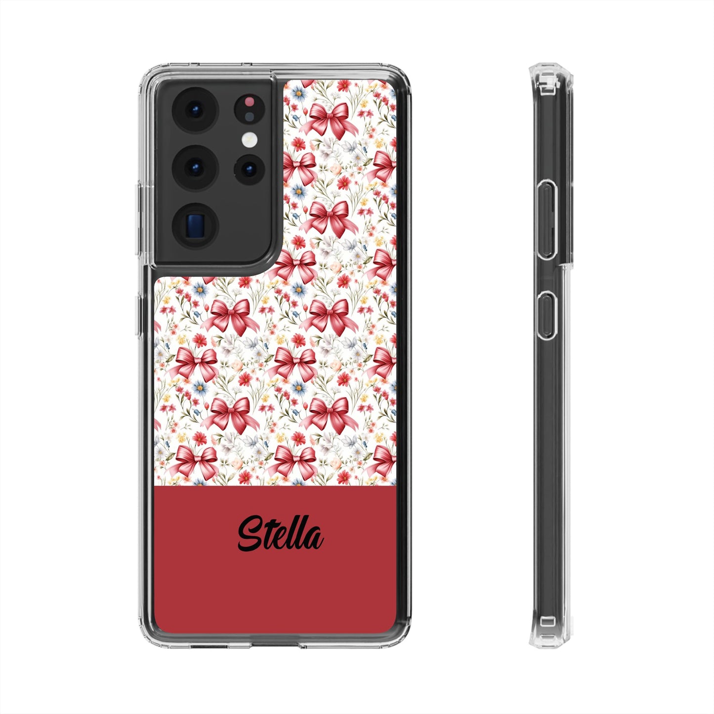 Personalized Rosette Coquette Floral Bow Clear iPhone, Samsung Cases — Custom Name Phone Cover