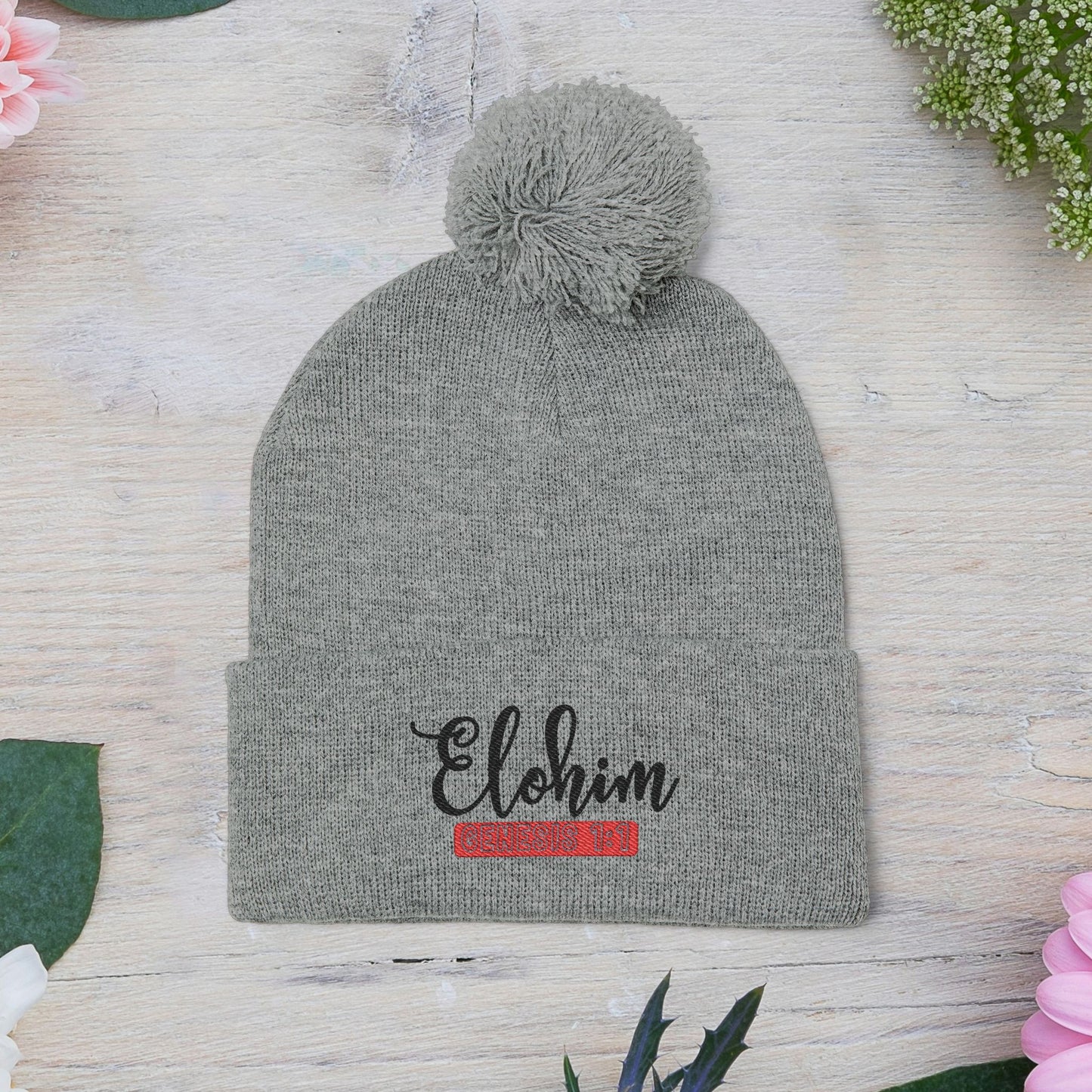 Pom-Pom Knit Cap with 'ELOHIM, GENESIS 1:1'  Embroidery Beanie - Stylish Winter Accessory for All Ages, Perfect Gift for Birthdays, Holidays, and Outdoor Activities