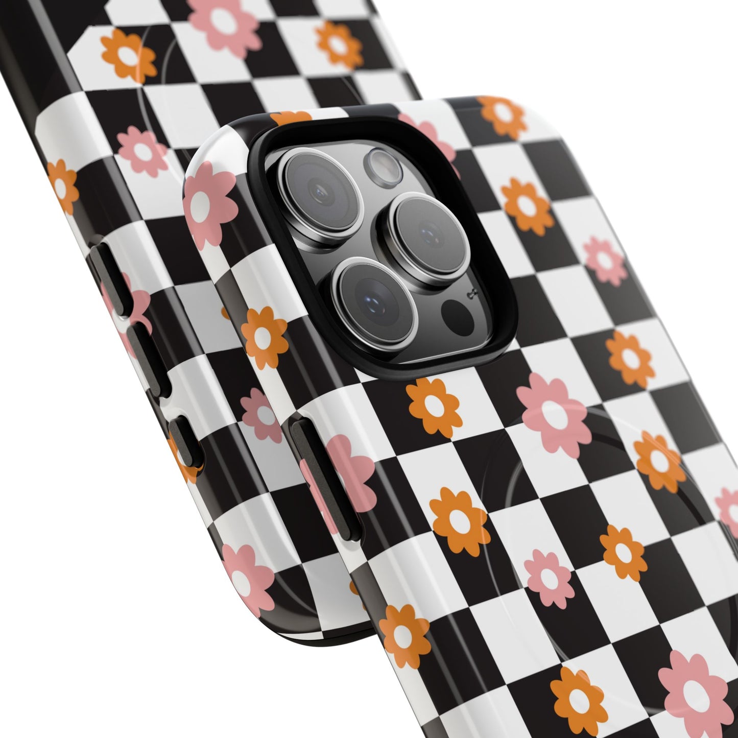 Groovy Checkered Bloom iPhone Case, Tough Magnetic Cases for Women, Stylish iPhone Cover, Trendy Floral Print, Gift for Her, Everyday Accessories