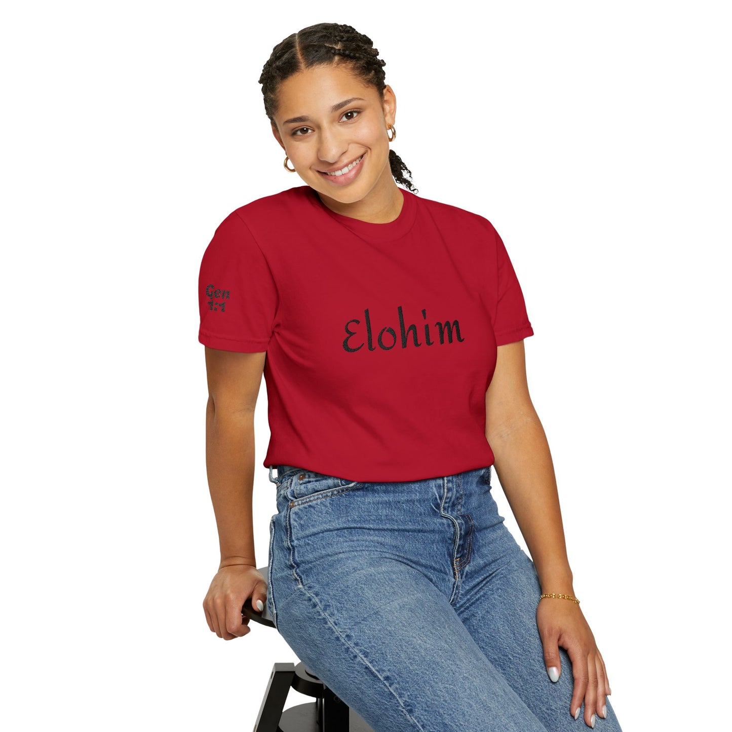 Embroidery 'ELOHIM, GENESIS 1:1' - Faith-Based Unisex Garment-Dyed Comfort Colors T-shirt, Faith Gift Tee, Religious Tee, Embroidery Tee.