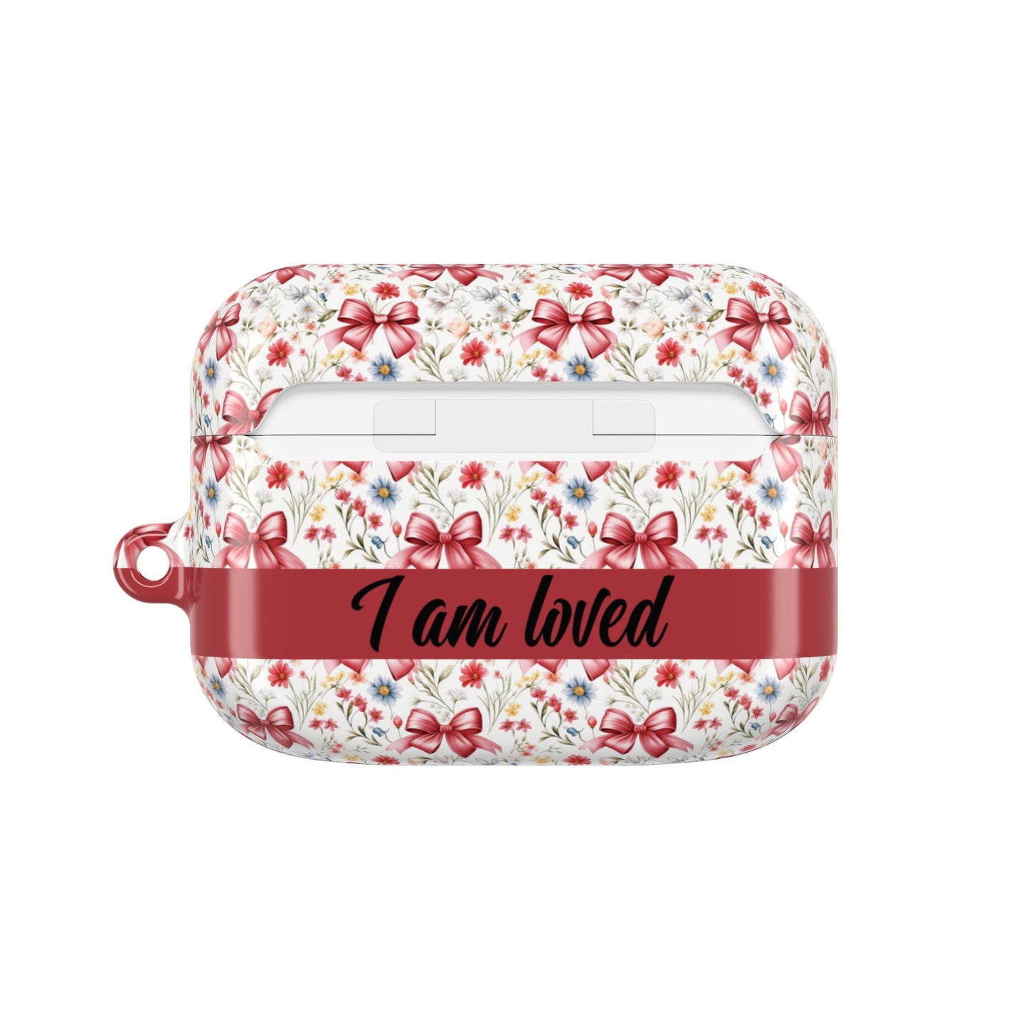Personalized Rosette Coquette Floral AirPods Pro Gen 1, 2 and Airpods Gen 1, 2, 3, 4 Case — Red Bow Pattern with Custom Name Text.