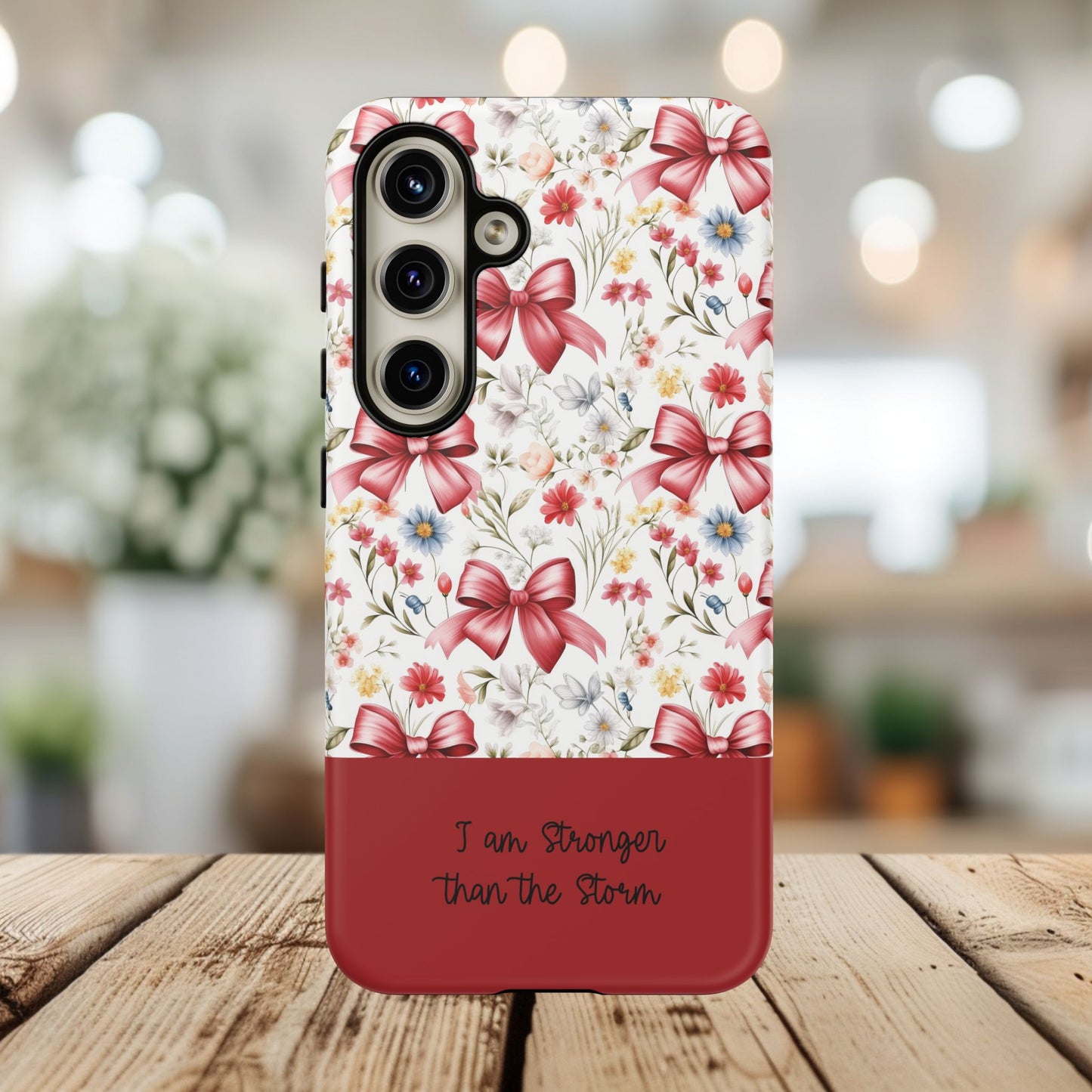 Personalized Rosette Coquette Phone Case - Custom Name/Message 'I Am Stronger Than The Storm' Floral Bow Protective Case