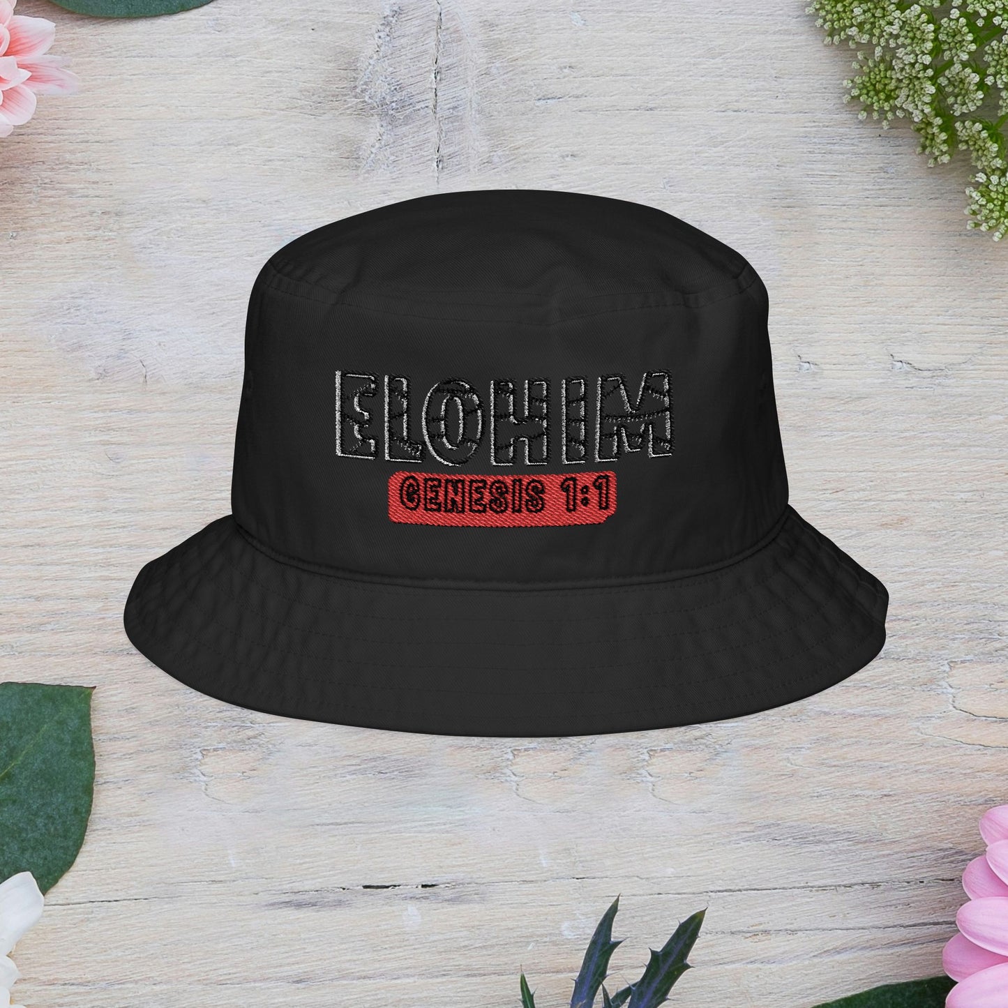 Embroidered 'ELOHIM, GENESIS 1:1 Bucket Hat - Casual Trendy Headwear, Perfect for Summer Outings, Festivals, Gifts, Outdoor Adventures