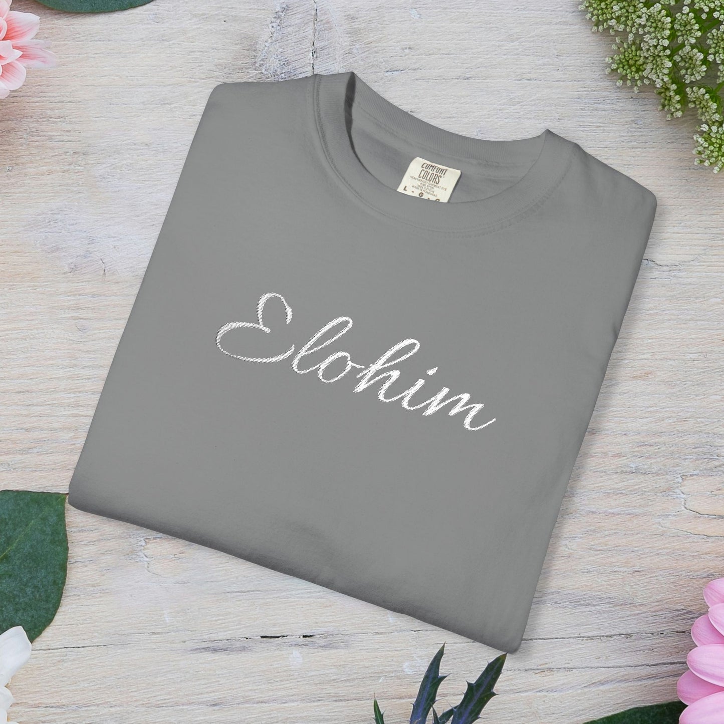 Embroidery 'ELOHIM, GENESIS 1:1' - Faith-Based Unisex Garment-Dyed Comfort Colors T-shirt, Faith Gift Tee, Religious Tee, Embroidery Tee.