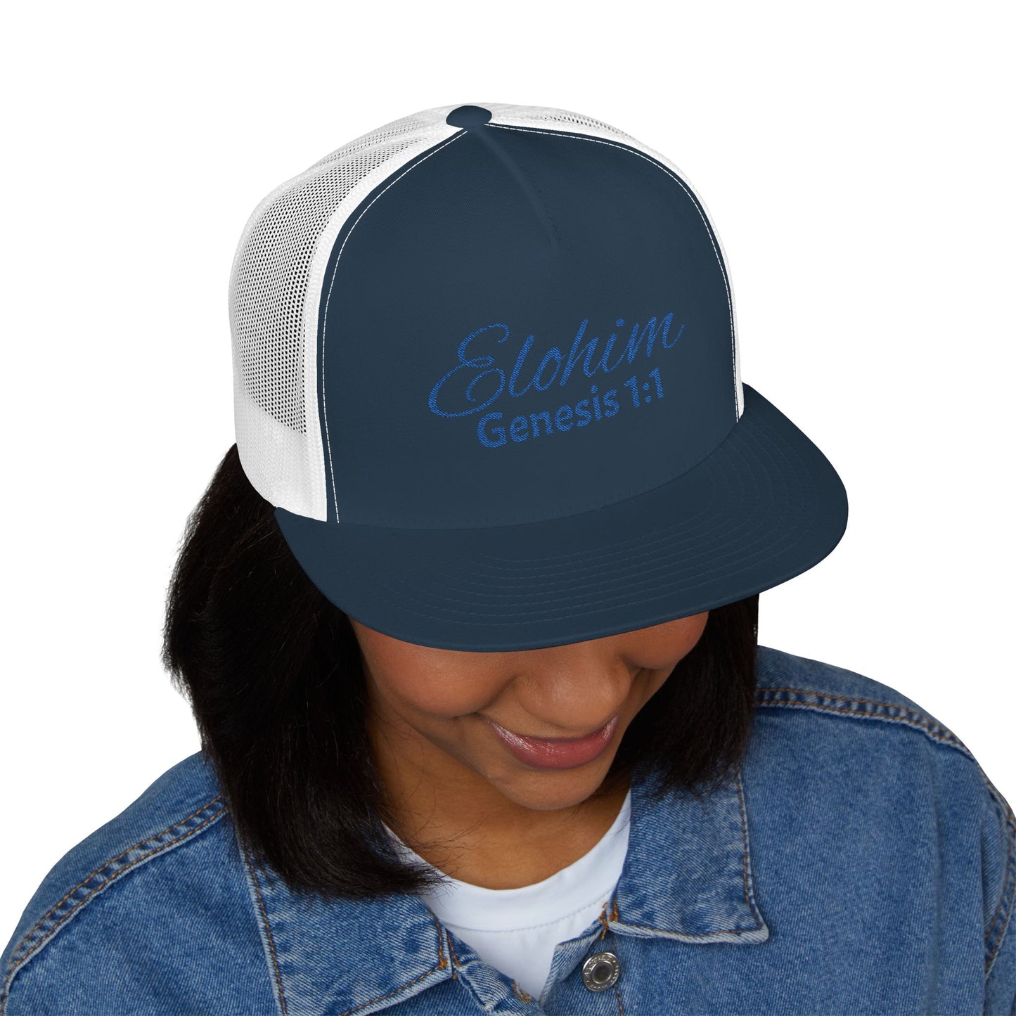 Navy 'ELOHIM, GENESIS 1:1'  Embroidered 5 Panel Trucker Cap | Casual Style Hat, Adjustable, Unisex, Perfect Gift for Outdoors, Festivals, Daily Wear