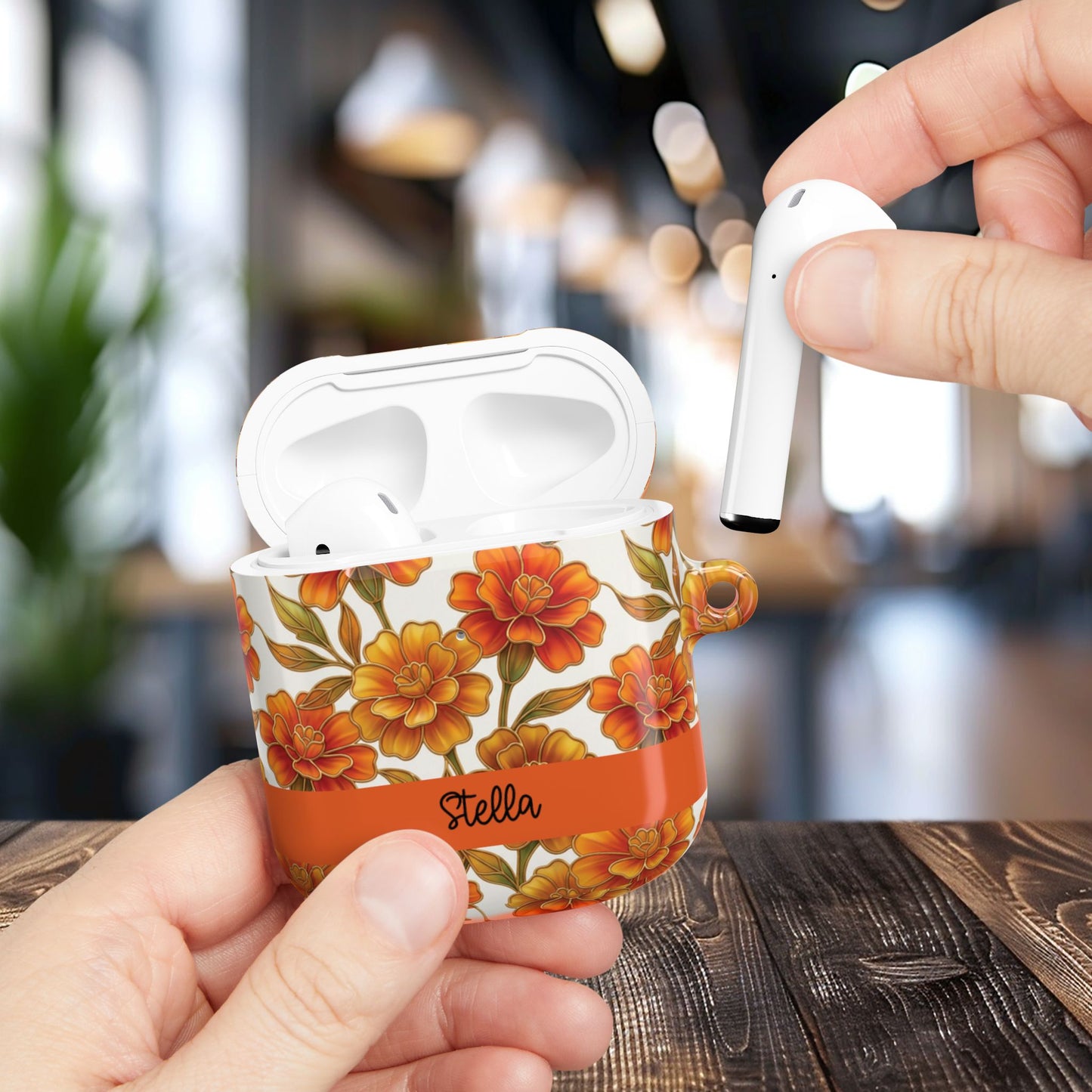 Stained Glass Effect Floral Orange Marigold AirPod Case — Personalized Name Option