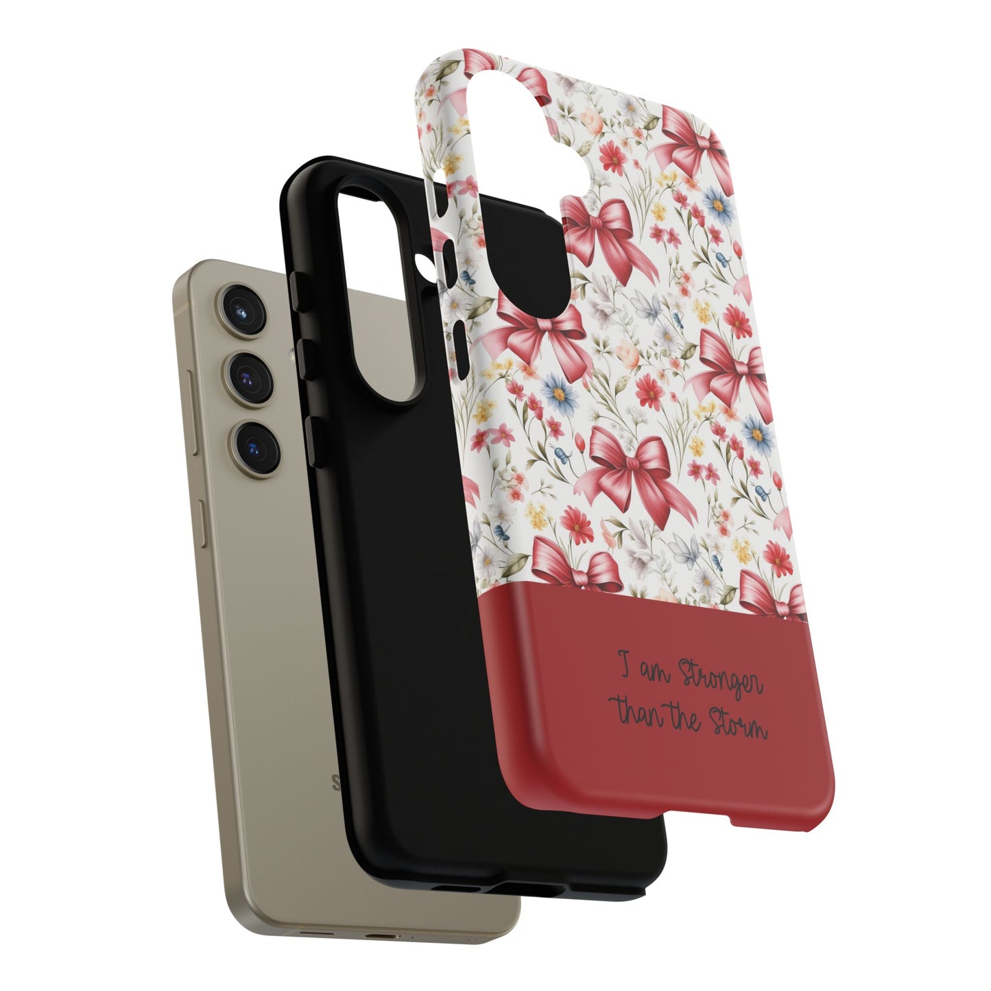 Personalized Rosette Coquette Phone Case - Custom Name/Message 'I Am Stronger Than The Storm' Floral Bow Protective Case