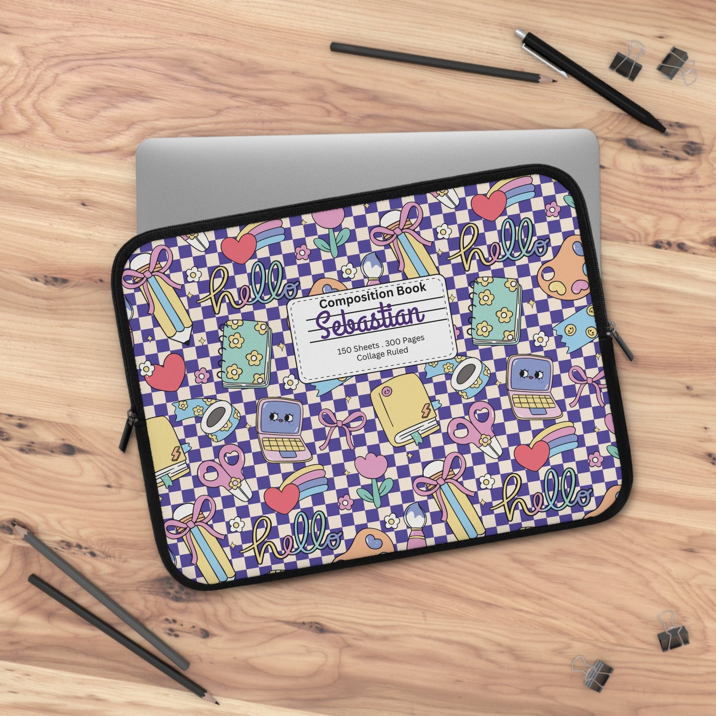Personalized Purple Doodle Daydream Laptop Sleeve with Composition Book Inspired Design, Customizable Tech Case, School Supplies, Gift for Students, College Essentials, Back to School