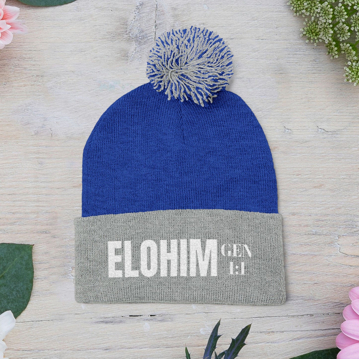 Pom-Pom Knit Cap with 'ELOHIM, GENESIS 1:1'  Embroidery Beanie - Stylish Winter Accessory for All Ages, Perfect Gift for Birthdays, Holidays, and Outdoor Activities