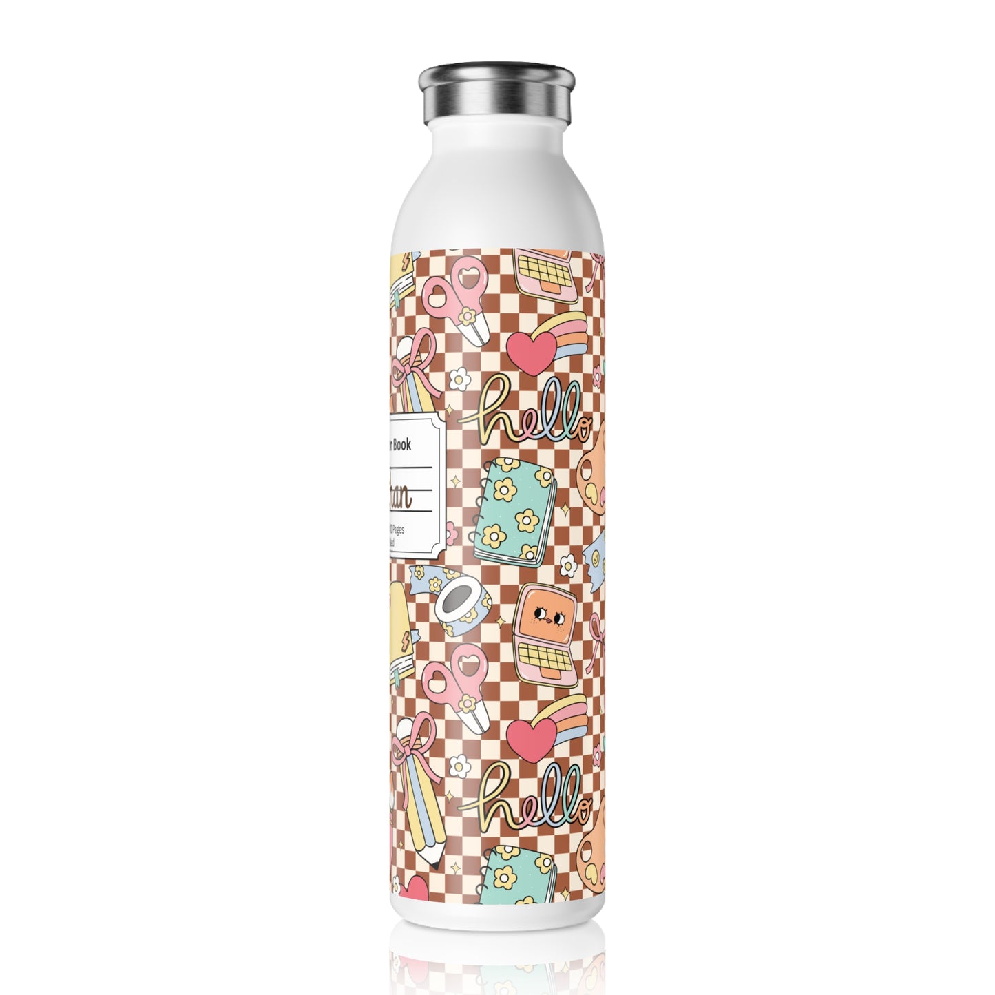 Personalized Composition Brown Doodle Daydream Book Inspired Slim Water Bottle, Customizable Drinkware, Eco-Friendly Hydration Bottle, Perfect for Gifts, School Supplies, Back to School
