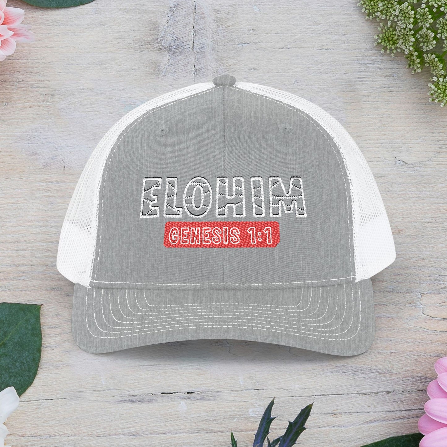 Embroidered  'ELOHIM GENESIS 1:1' Snapback Cap, Faith-Based Trucker Hat, Christian Gifts, Stylish Headwear, Religious Apparel, Perfect for Summer