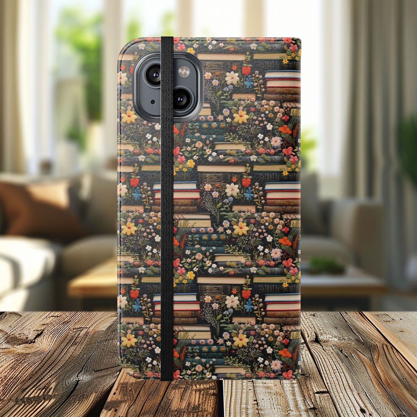 Book Stack Floral Flip iPhone and Samsung Phone Case — Vintage Library Wallet Cover.