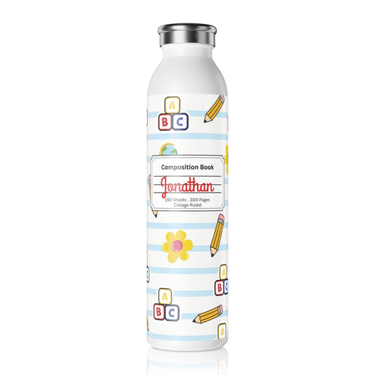 Personalized White SchoolYard Chic Composition Book Inspired Slim Water Bottle, Customizable Drinkware, Eco-Friendly Hydration Bottle, Perfect for Gifts, School Supplies, Back to School