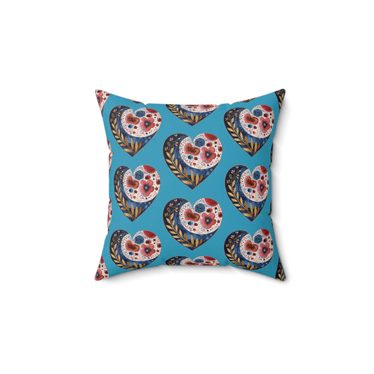 Turquoise Floral Heart Spun Polyester Square Pillow