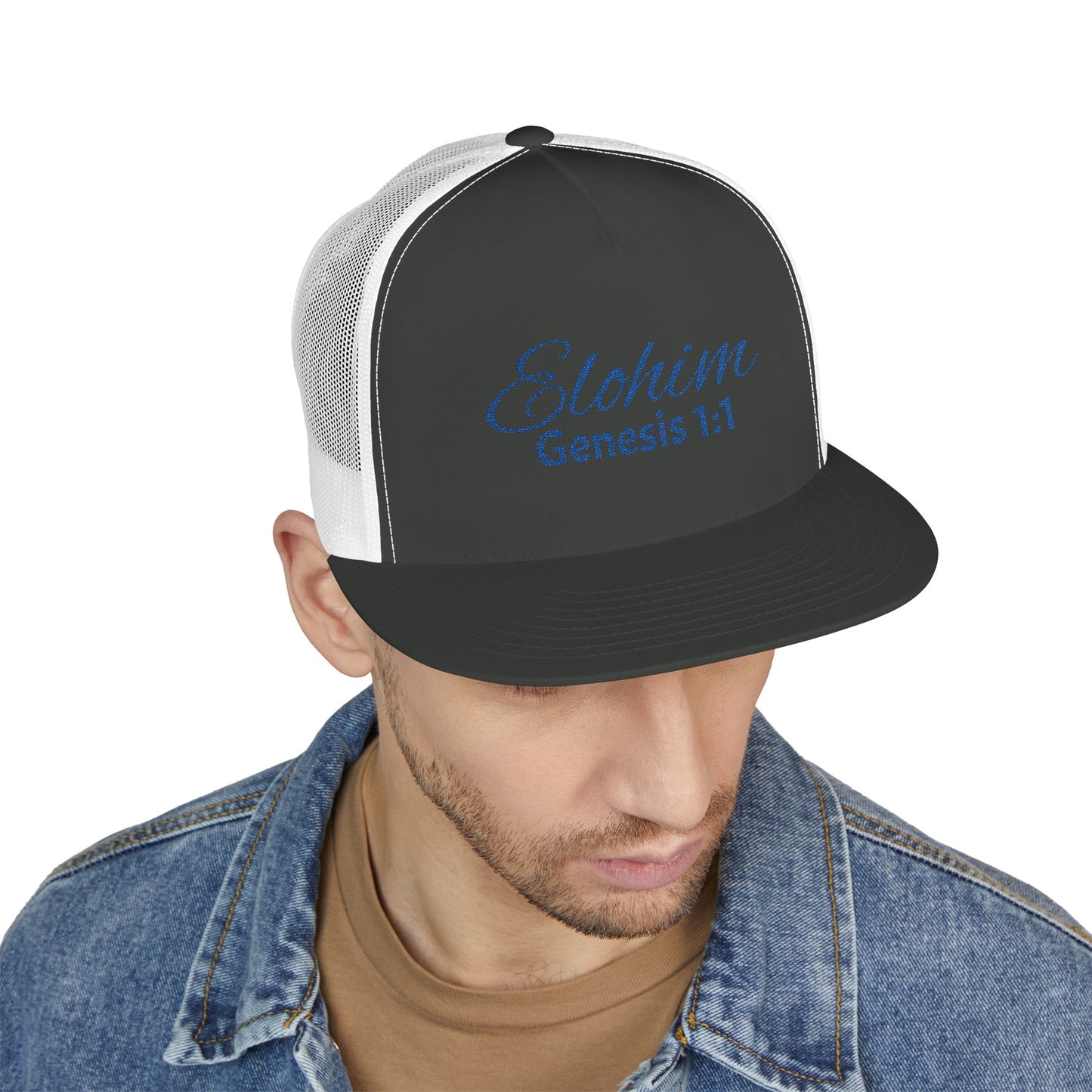 Navy 'ELOHIM, GENESIS 1:1'  Embroidered 5 Panel Trucker Cap | Casual Style Hat, Adjustable, Unisex, Perfect Gift for Outdoors, Festivals, Daily Wear