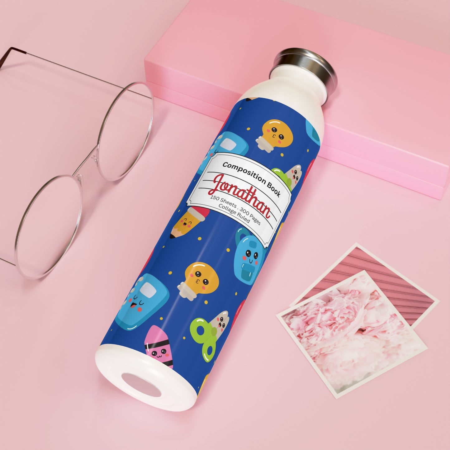 Personalized Blue Kawaii Composition Book Inspired Slim Water Bottle, Customizable Drinkware, Eco-Friendly Hydration Bottle, Perfect for Gifts, School Supplies, Back to School