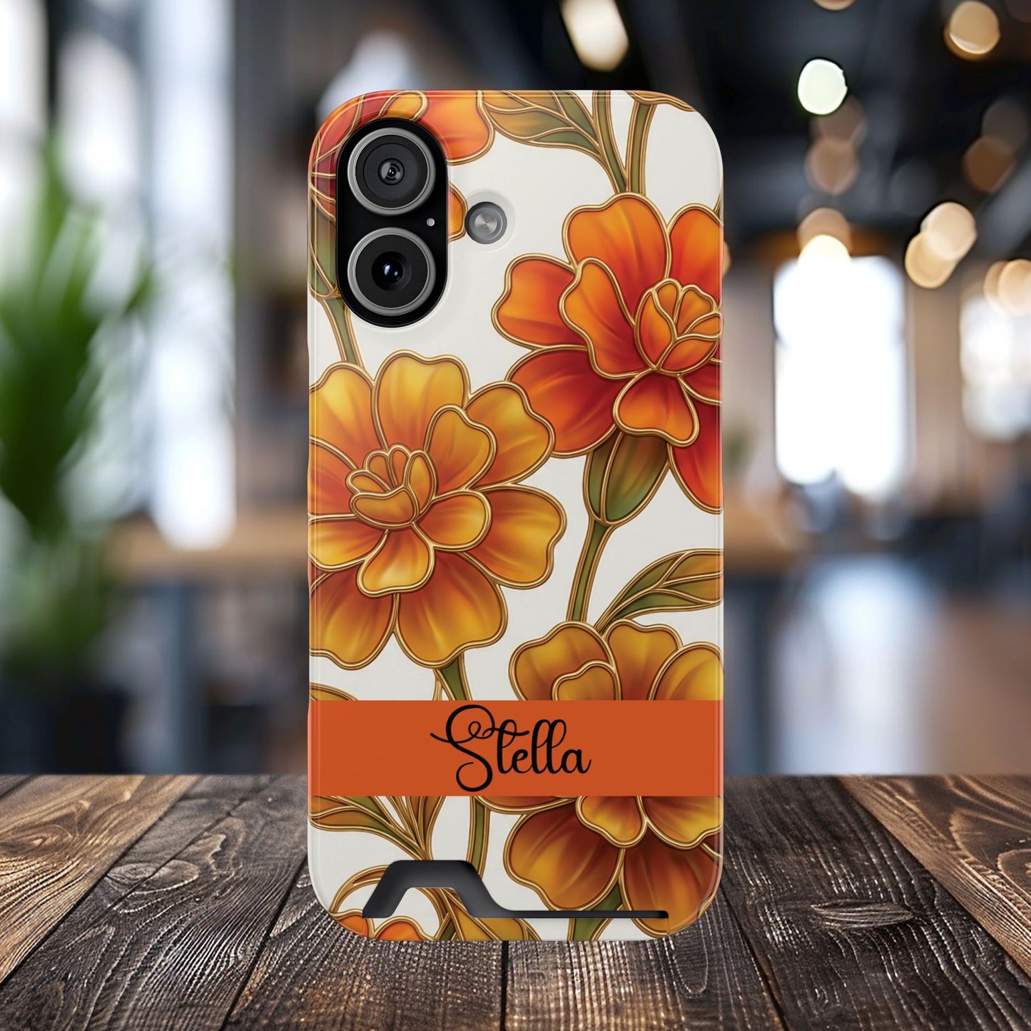 Personalized Orange Stained Glass Effect Marigold Floral Cardholder iPhone and Samsung Case