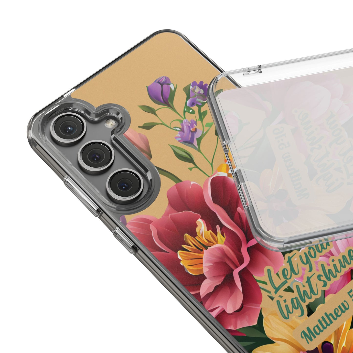 Clear Floral Bible Verse Phone Case — "Let Your Light Shine" (Matthew 5:16) for iPhone and Samsung Cases.