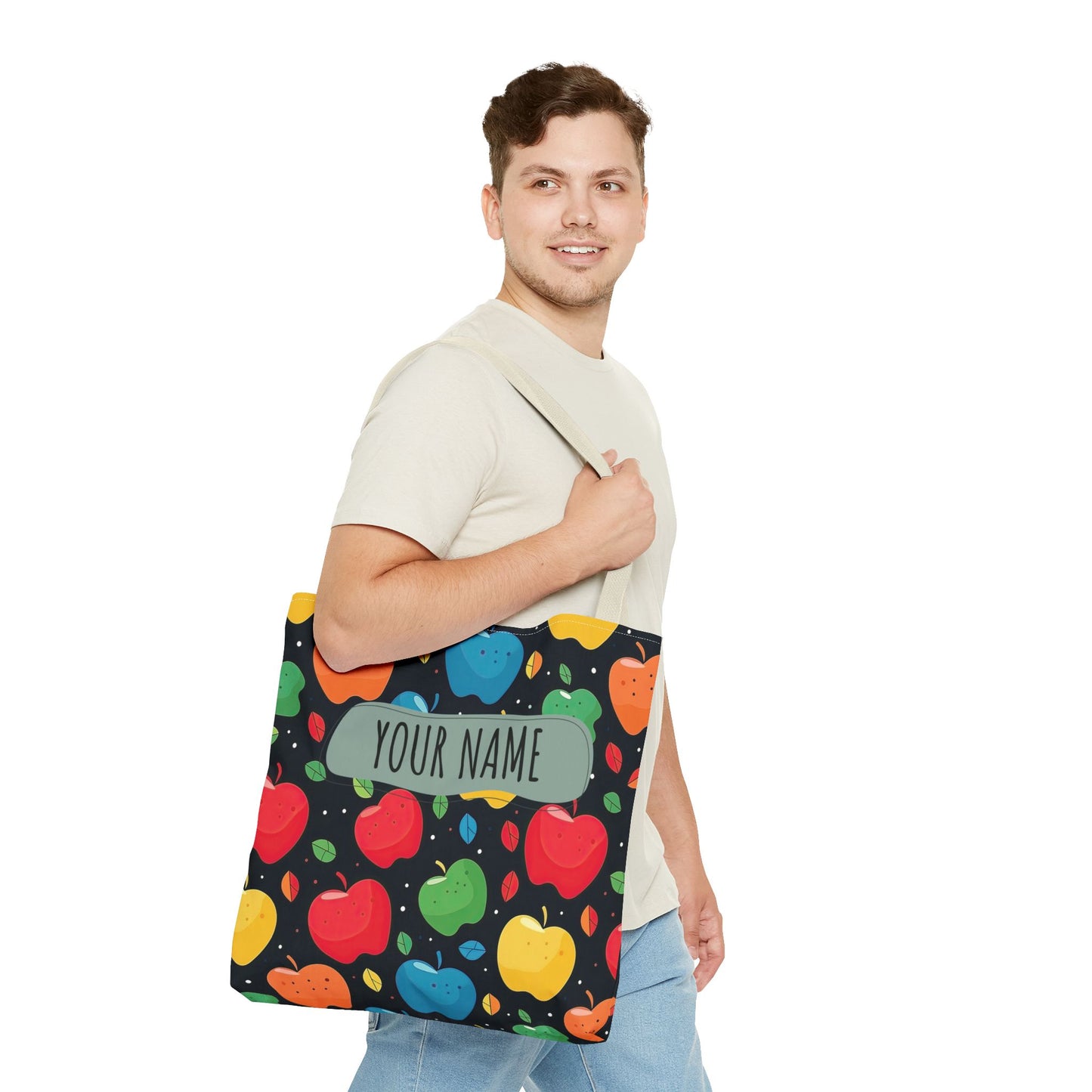 All-Over Apple Print Personalized Tote Bag — Durable Everyday Carry (3 Sizes, 5 Handle Colors)