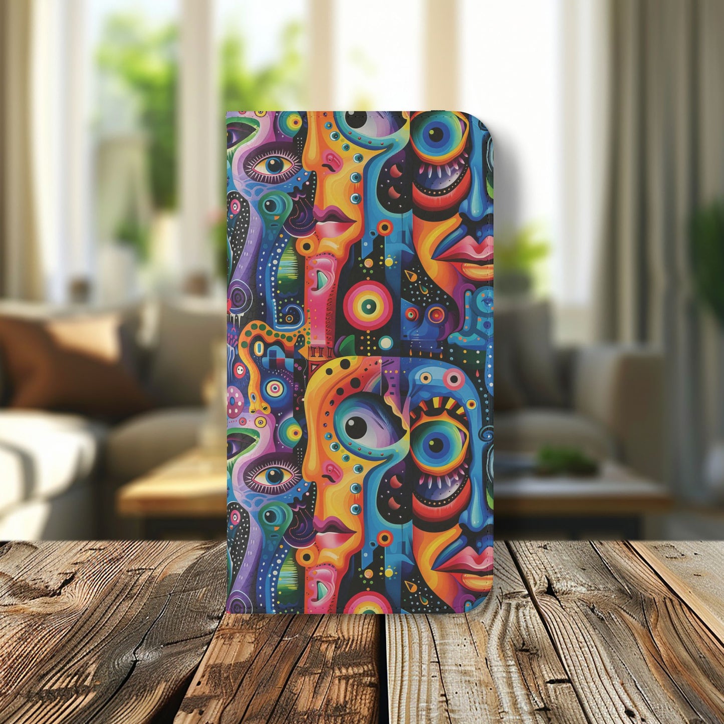 Psychedelic Visions Vibrant Art Flip iPhone and Samsung Phone Case - Colorful Faces Design for Phone Protection