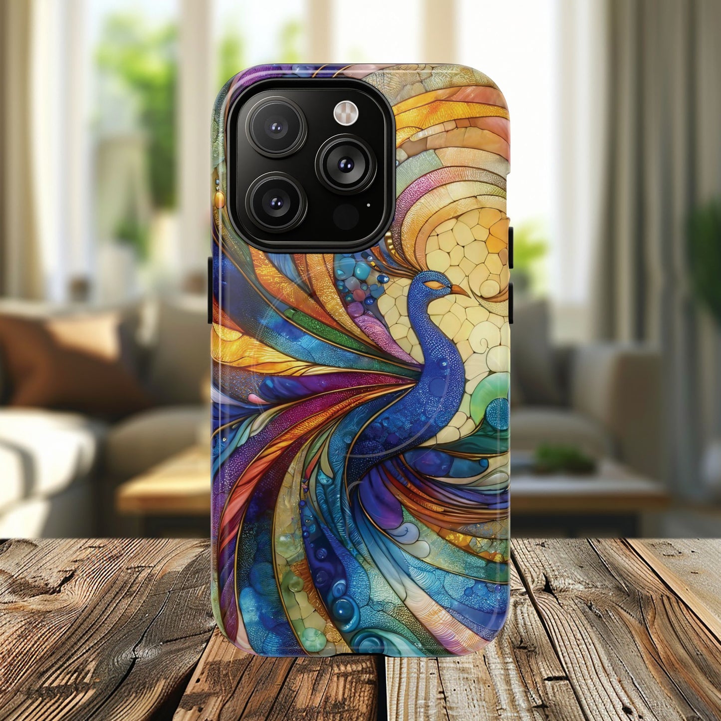 Mosaic Peacock Feathers Magnetic Phone Case, Tough Phone Shell, Vibrant Art Case, Gift for Her, Unique Phone Accessory, Wildlife Lover's Gift, Stained Glass Case.