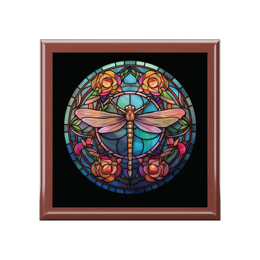 Dragonfly Stained Glass Jewelry Box — Floral Keepsake Trinket Box