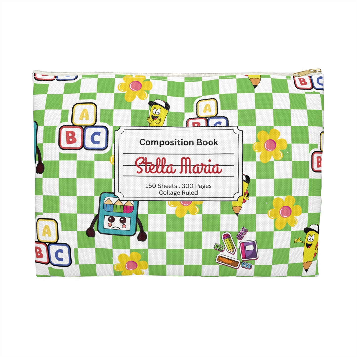Personalized Green SchoolYard Chic Composition Book Inspired Accessory Pouch, Kids School Supplies, Classroom Organizer, Teacher Gift, Fun Stationery Case, Back to School