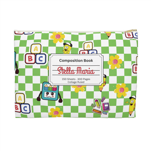 Personalized Green SchoolYard Chic Composition Book Inspired Accessory Pouch, Kids School Supplies, Classroom Organizer, Teacher Gift, Fun Stationery Case, Back to School
