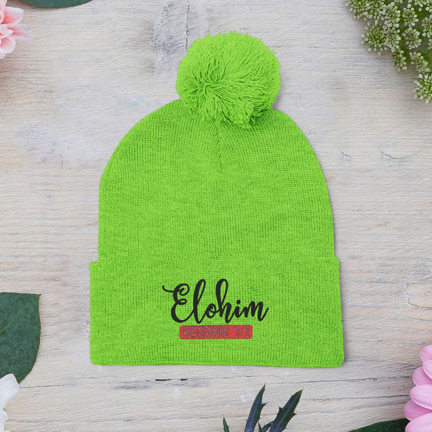 Pom-Pom Knit Cap with 'ELOHIM, GENESIS 1:1'  Embroidery Beanie - Stylish Winter Accessory for All Ages, Perfect Gift for Birthdays, Holidays, and Outdoor Activities