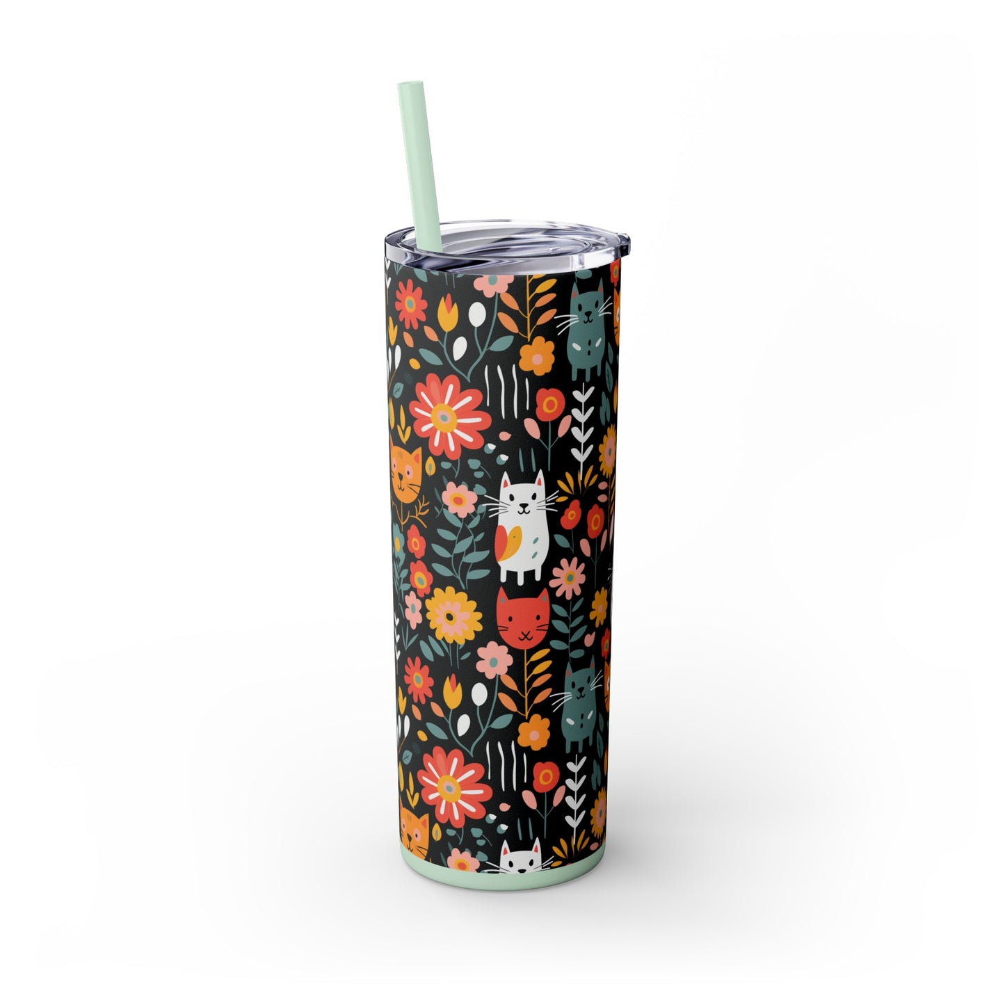 Whimsical Feline Garden Skinny Tumbler with Straw, 20oz