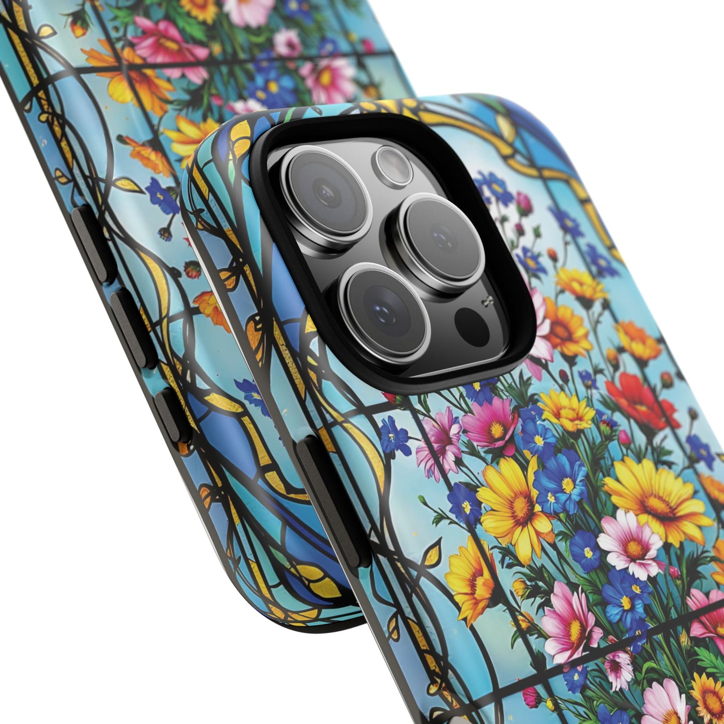 Floral Stained Glass Tough Magnetic Case, Durable Phone Cover, Gift for Nature Lovers, Unique Floral Design, Phone Accessories for All Occasions.