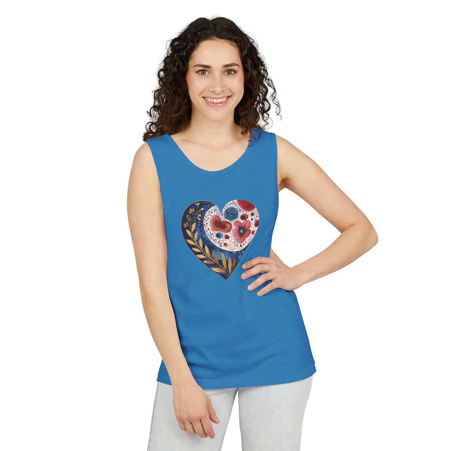 Floral Hearts Unisex Garment-Dyed Tank Top