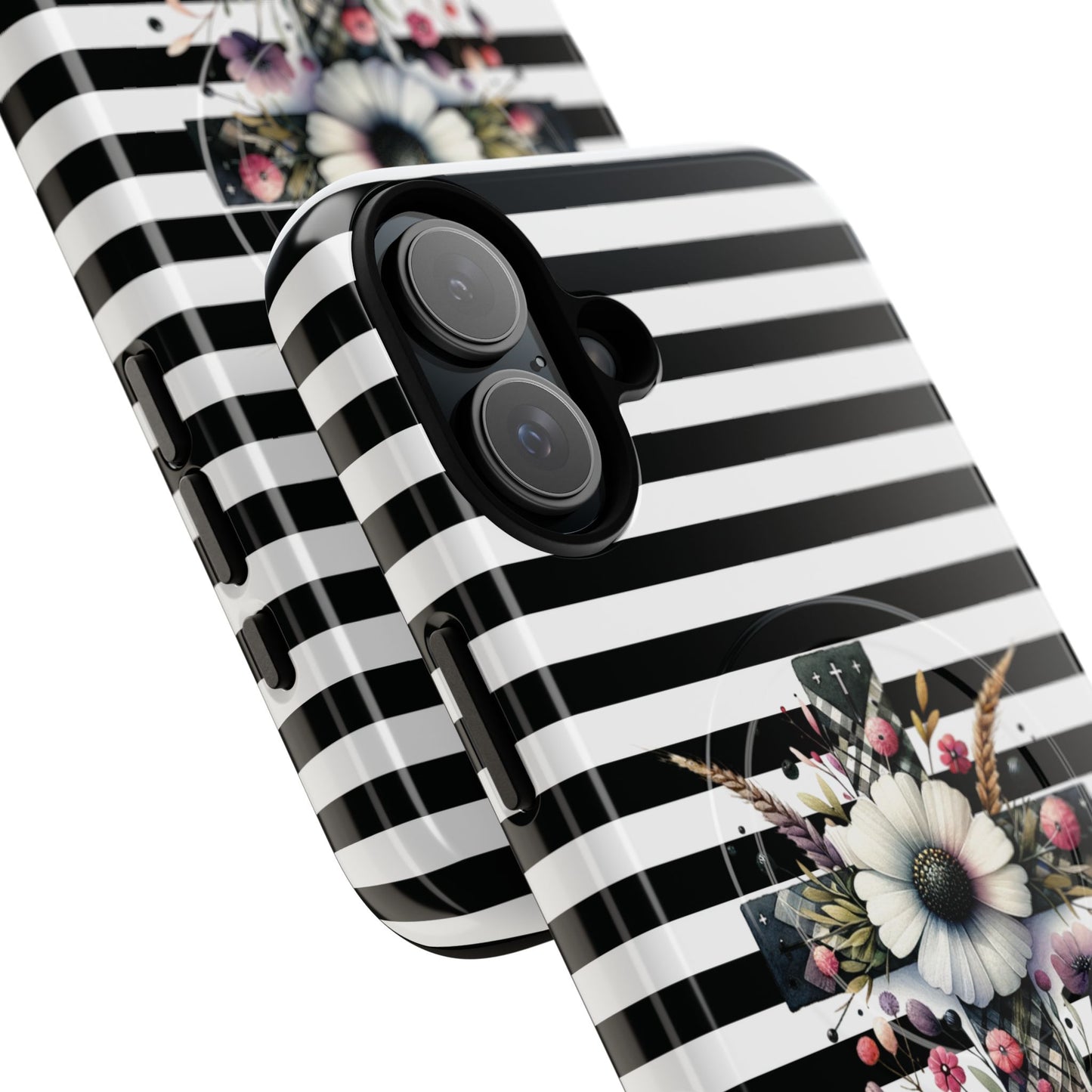 Faith in Bloom Tough iPhone Magnetic Case, iPhone Accessories, Floral iPhone Cover, Durable Cases for Gifts, Black and White Stripes