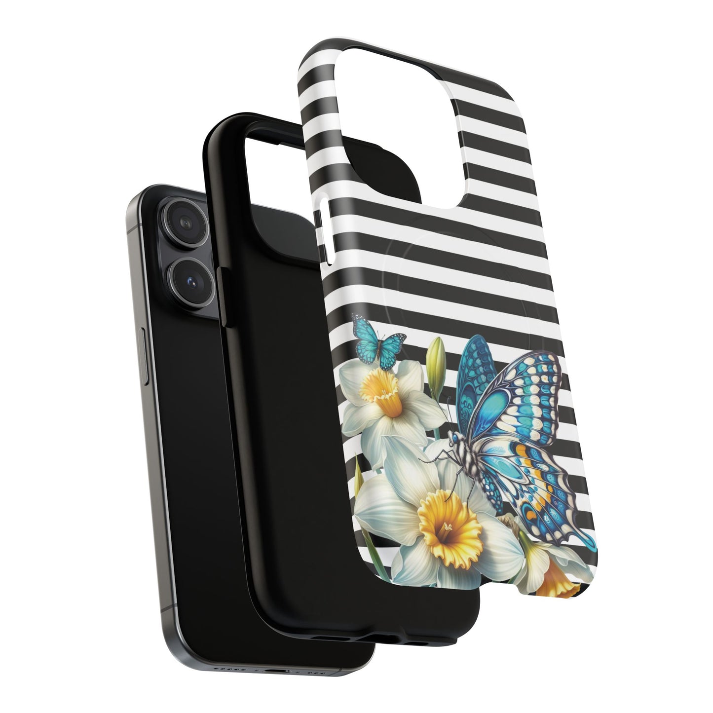 Daffodil Flutter Tough iPhone Magnetic Case, Floral iPhone Accessories, Stylish iPhone Cover, Black Striped Design, Gift for Her, Trendy iPhone
