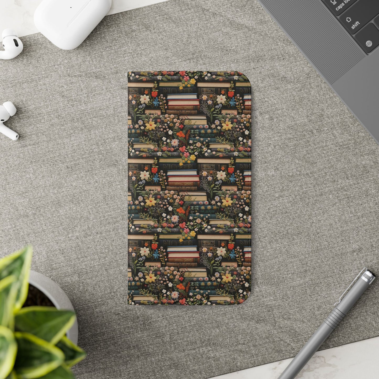 Book Stack Floral Flip iPhone and Samsung Phone Case — Vintage Library Wallet Cover.
