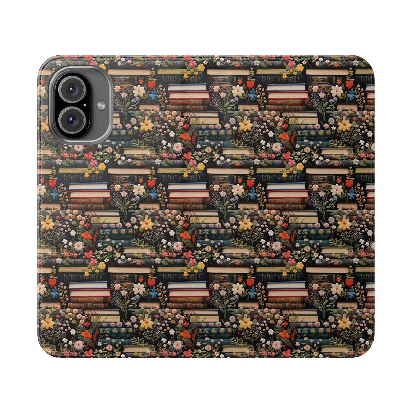 Book Stack Floral Flip iPhone and Samsung Phone Case — Vintage Library Wallet Cover.