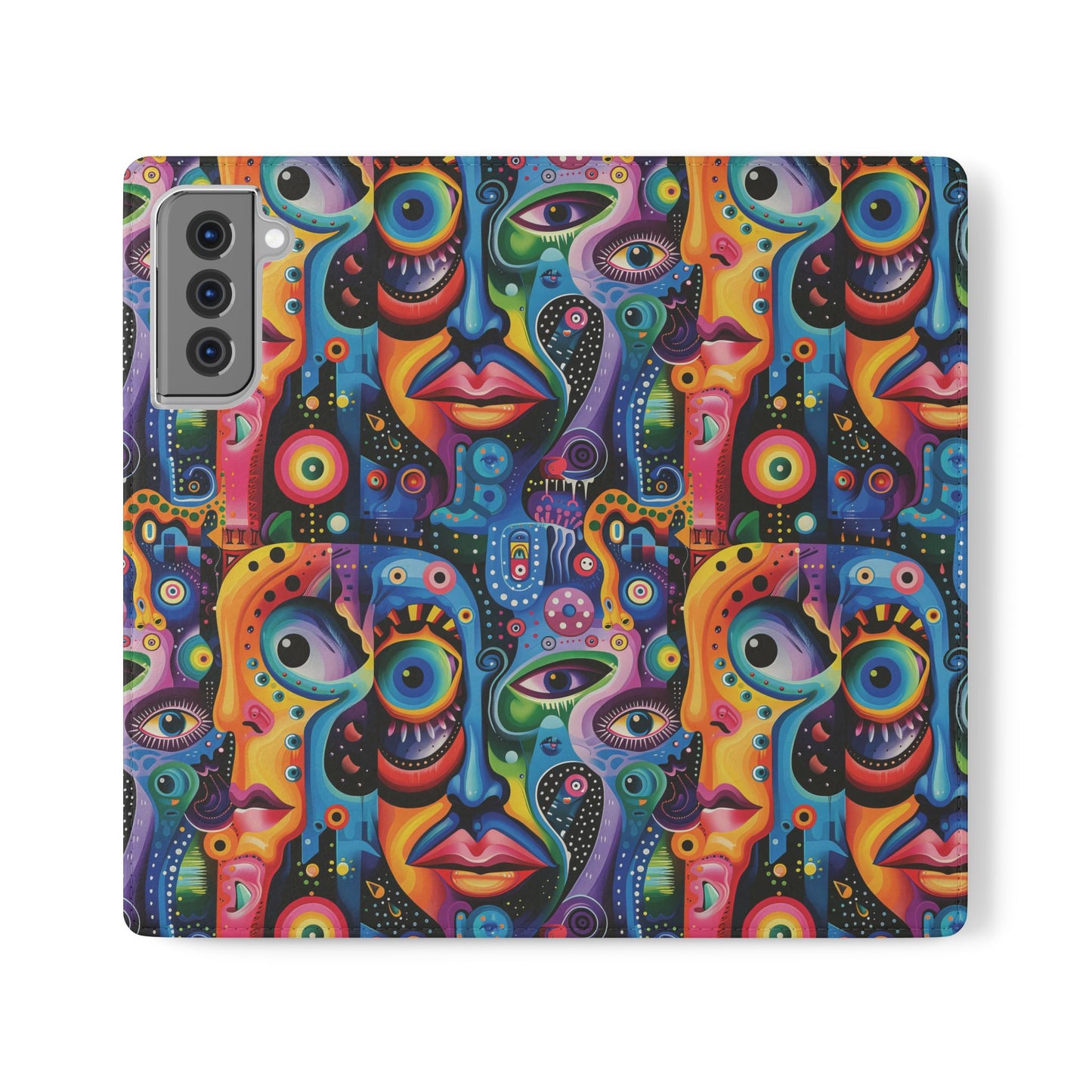 Psychedelic Visions Vibrant Art Flip iPhone and Samsung Phone Case - Colorful Faces Design for Phone Protection